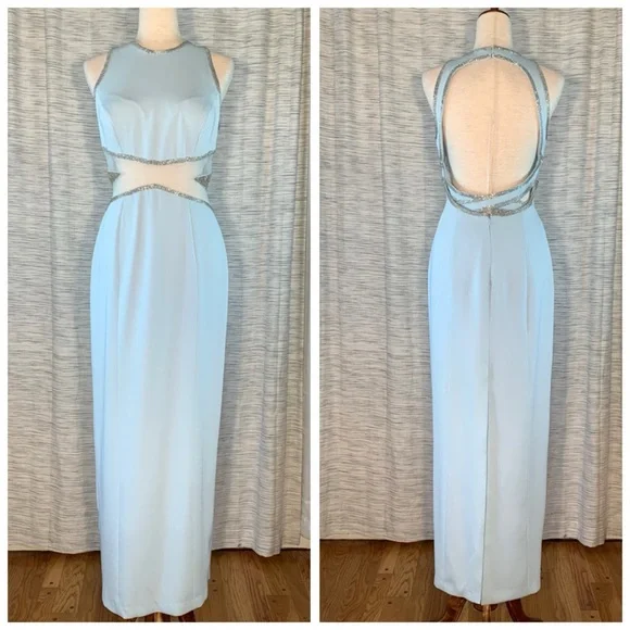 Peak Evenings Sky Blue Sleeveless Formal Evening Gown With Mesh Midriff. - Picture 2 of 15